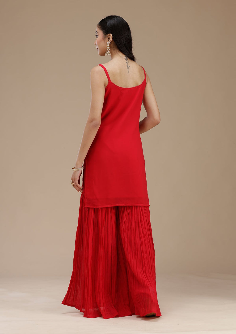 Red Threadwork Georgette Readymade Salwar Suit_koskii