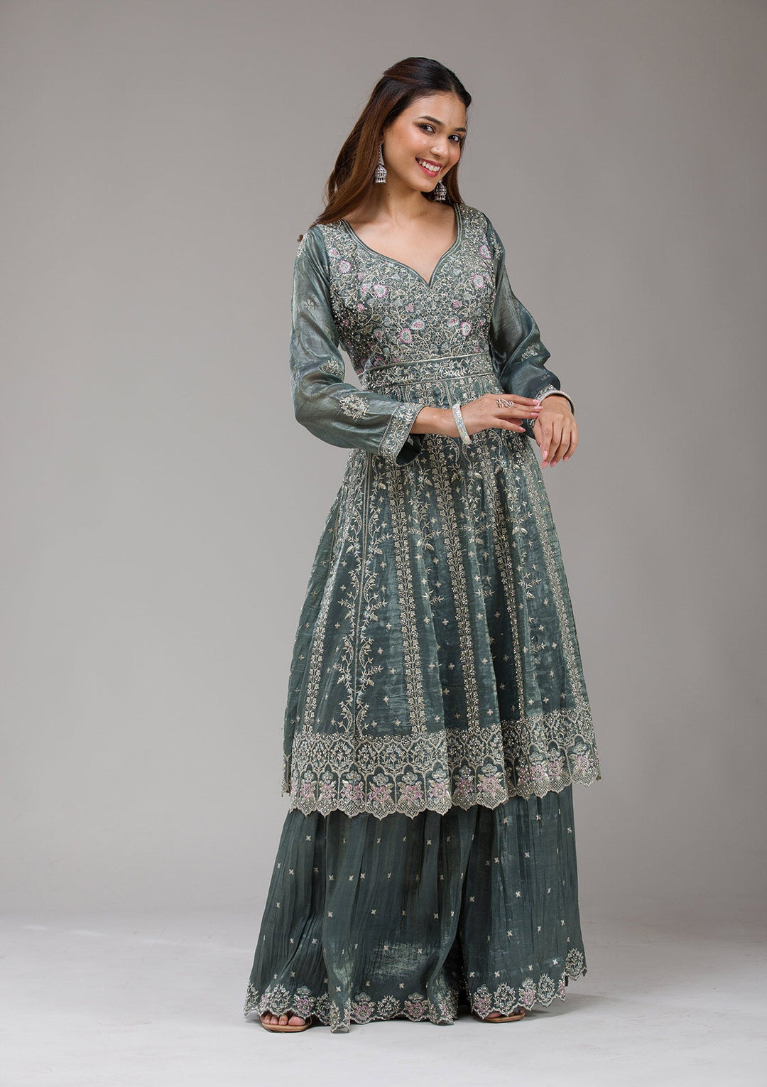 Dark Grey Zariwork (Gold) Organza Readymade Salwar Suit-koskii