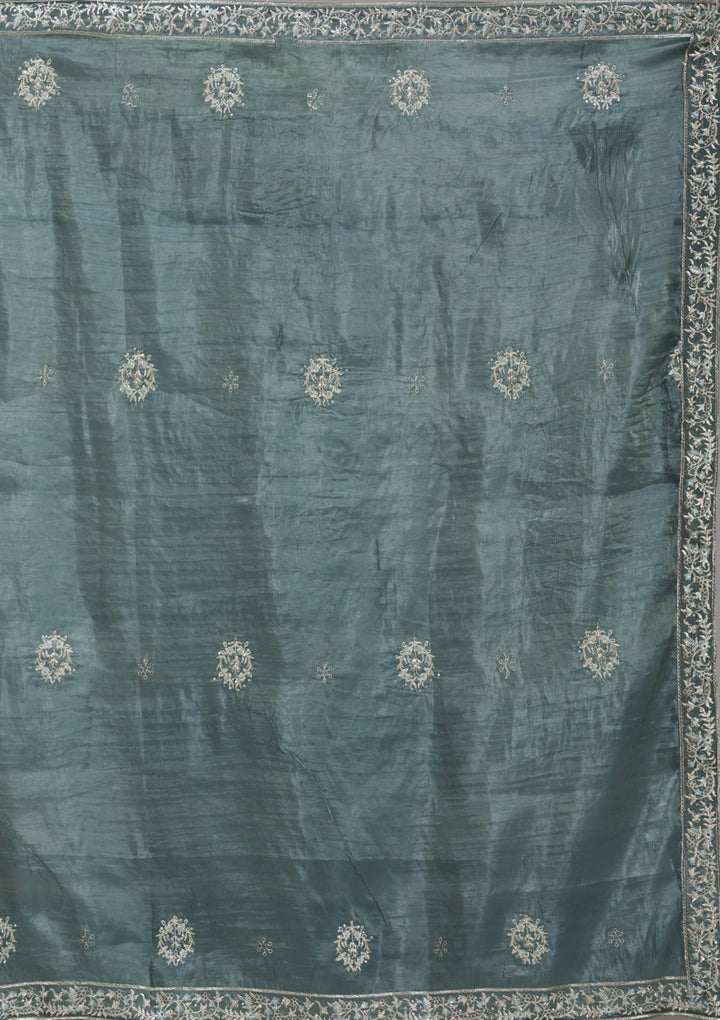 Dark Grey Zariwork (Gold) Organza Readymade Salwar Suit-koskii