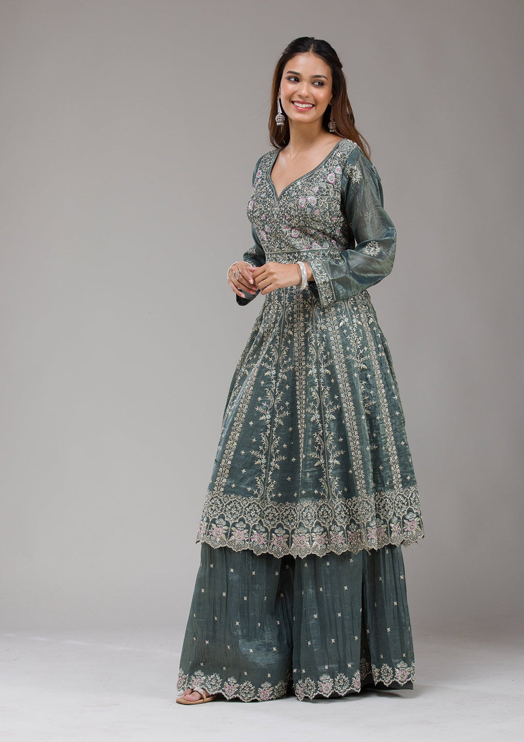 Dark Grey Zariwork (Gold) Organza Readymade Salwar Suit-koskii