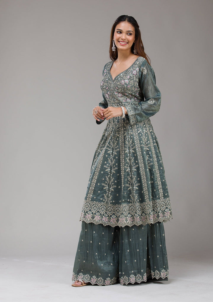 Dark Grey Zariwork (Gold) Organza Readymade Salwar Suit-koskii