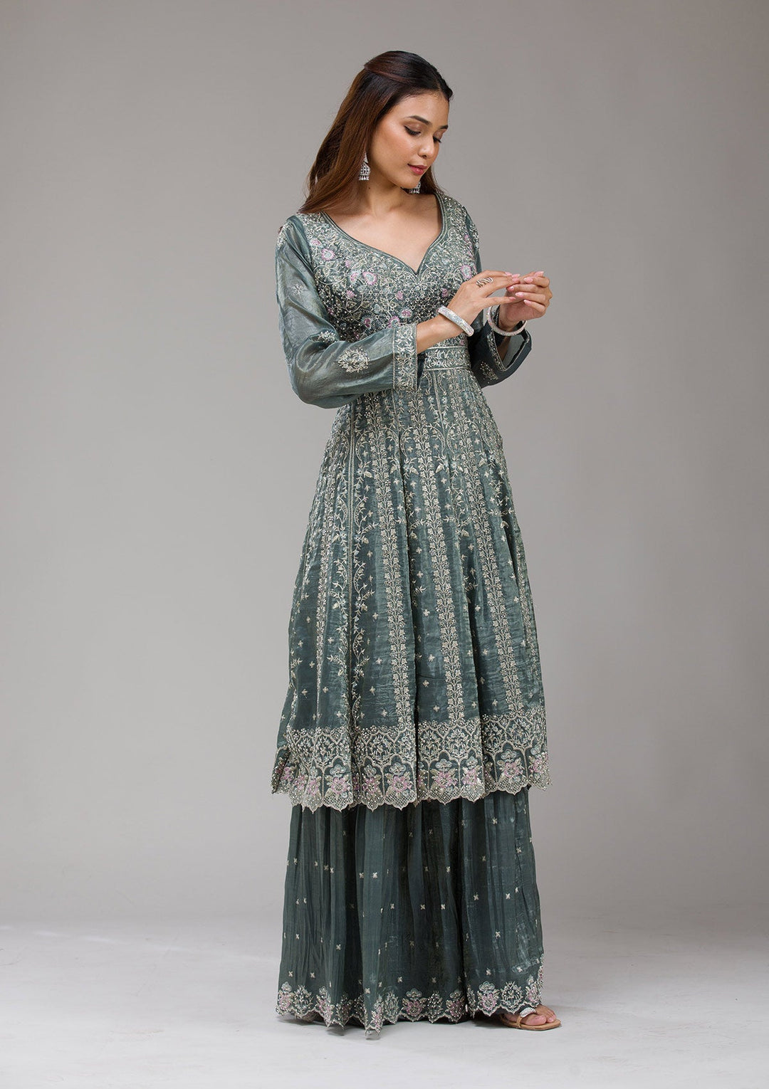 Dark Grey Zariwork (Gold) Organza Readymade Salwar Suit-koskii