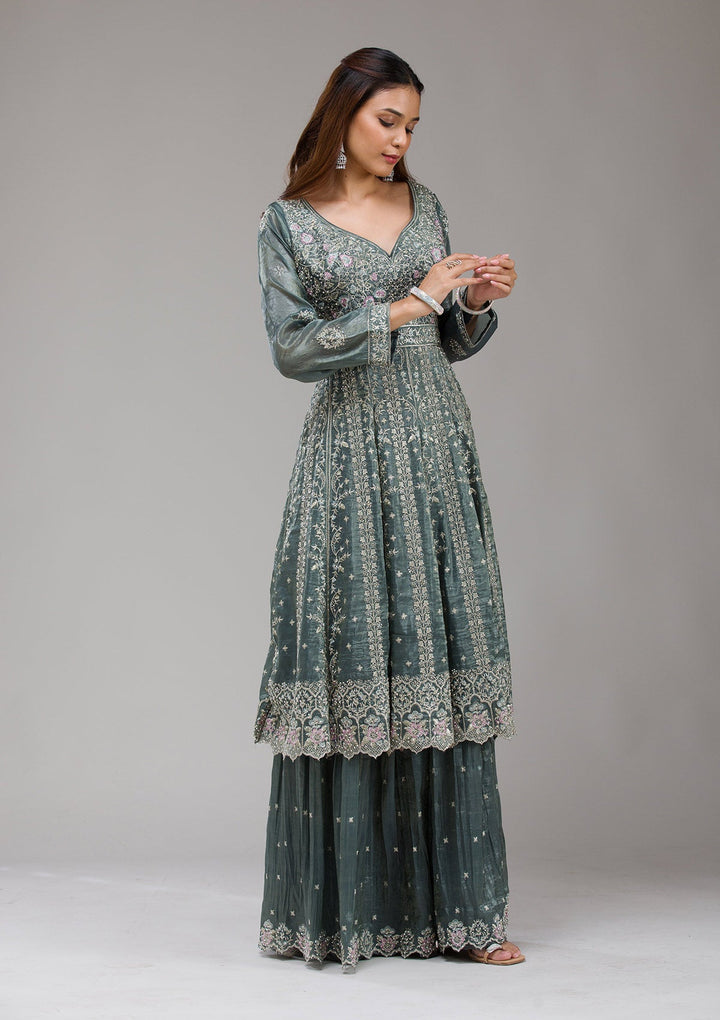 Dark Grey Zariwork (Gold) Organza Readymade Salwar Suit-koskii