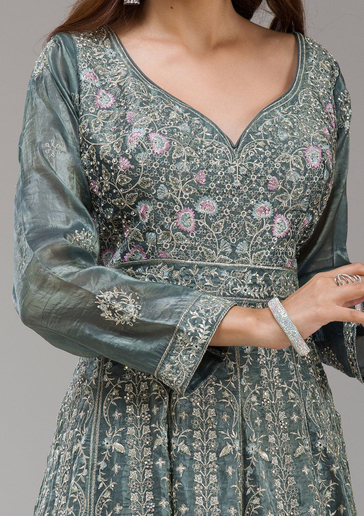 Dark Grey Zariwork (Gold) Organza Readymade Salwar Suit-koskii