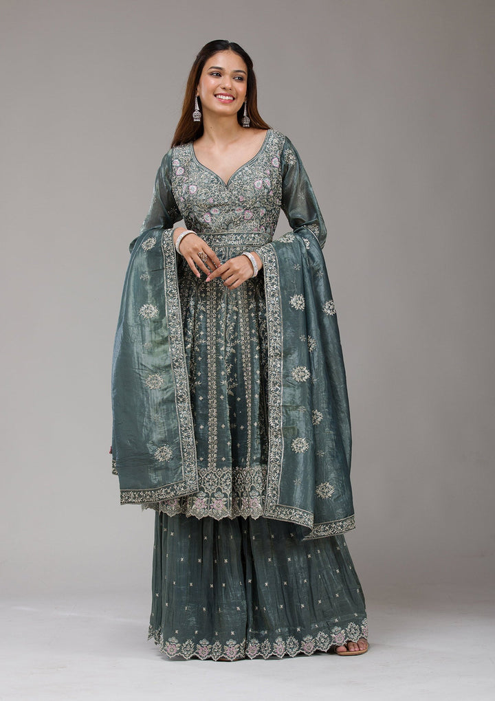 Dark Grey Zariwork (Gold) Organza Readymade Salwar Suit-koskii