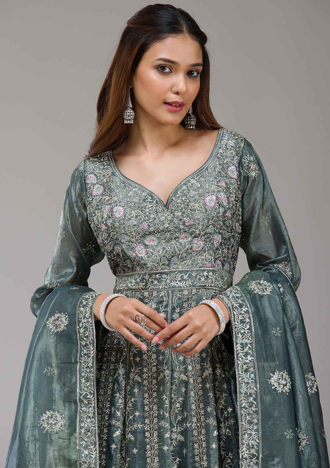 Dark Grey Zariwork (Gold) Organza Readymade Salwar Suit-koskii