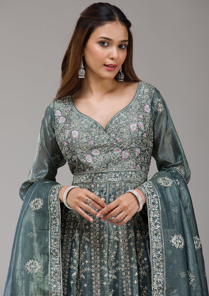 Dark Grey Zariwork (Gold) Organza Readymade Salwar Suit-koskii