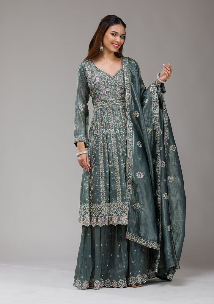 Dark Grey Zariwork (Gold) Organza Readymade Salwar Suit-koskii