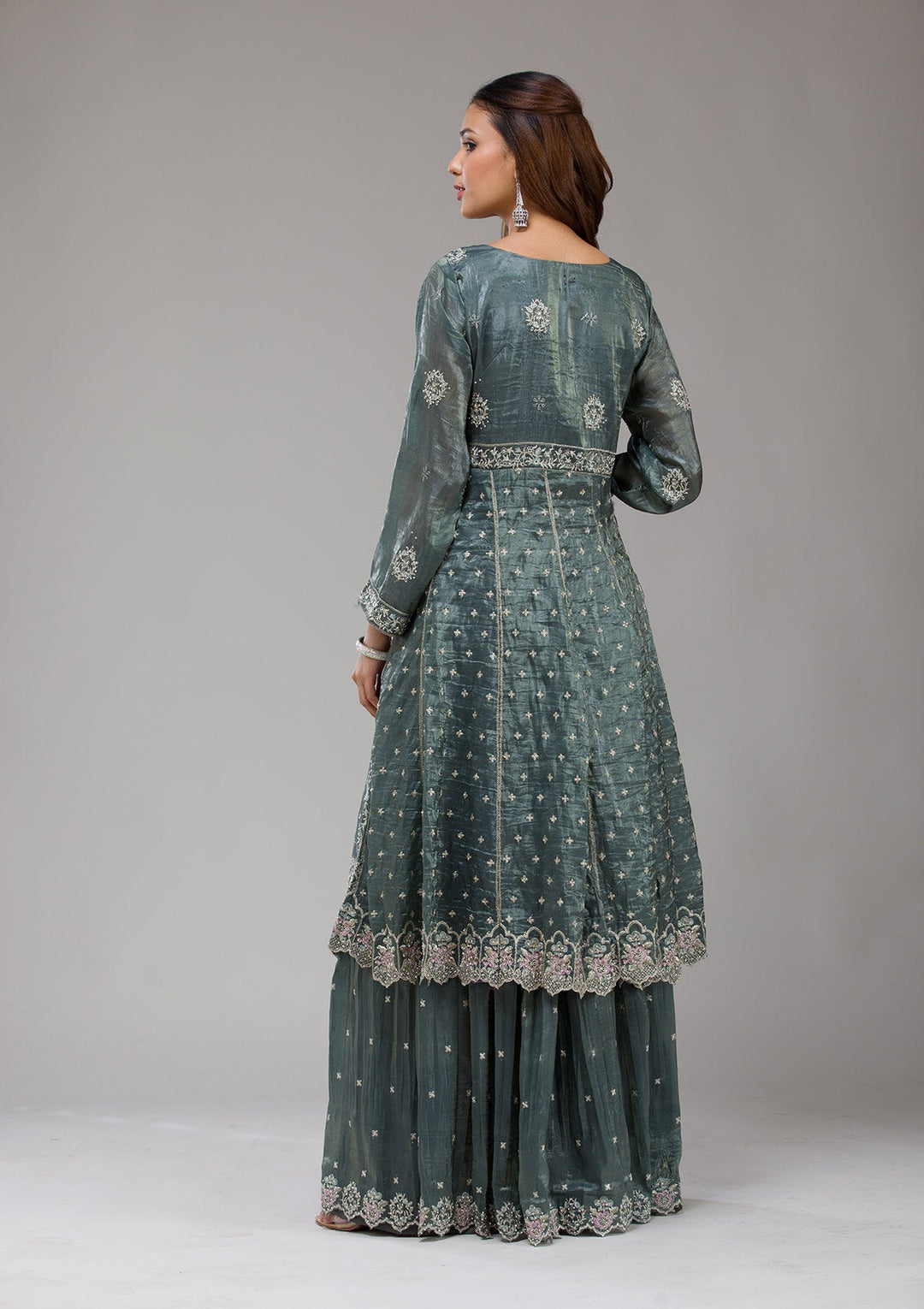 Dark Grey Zariwork (Gold) Organza Readymade Salwar Suit-koskii