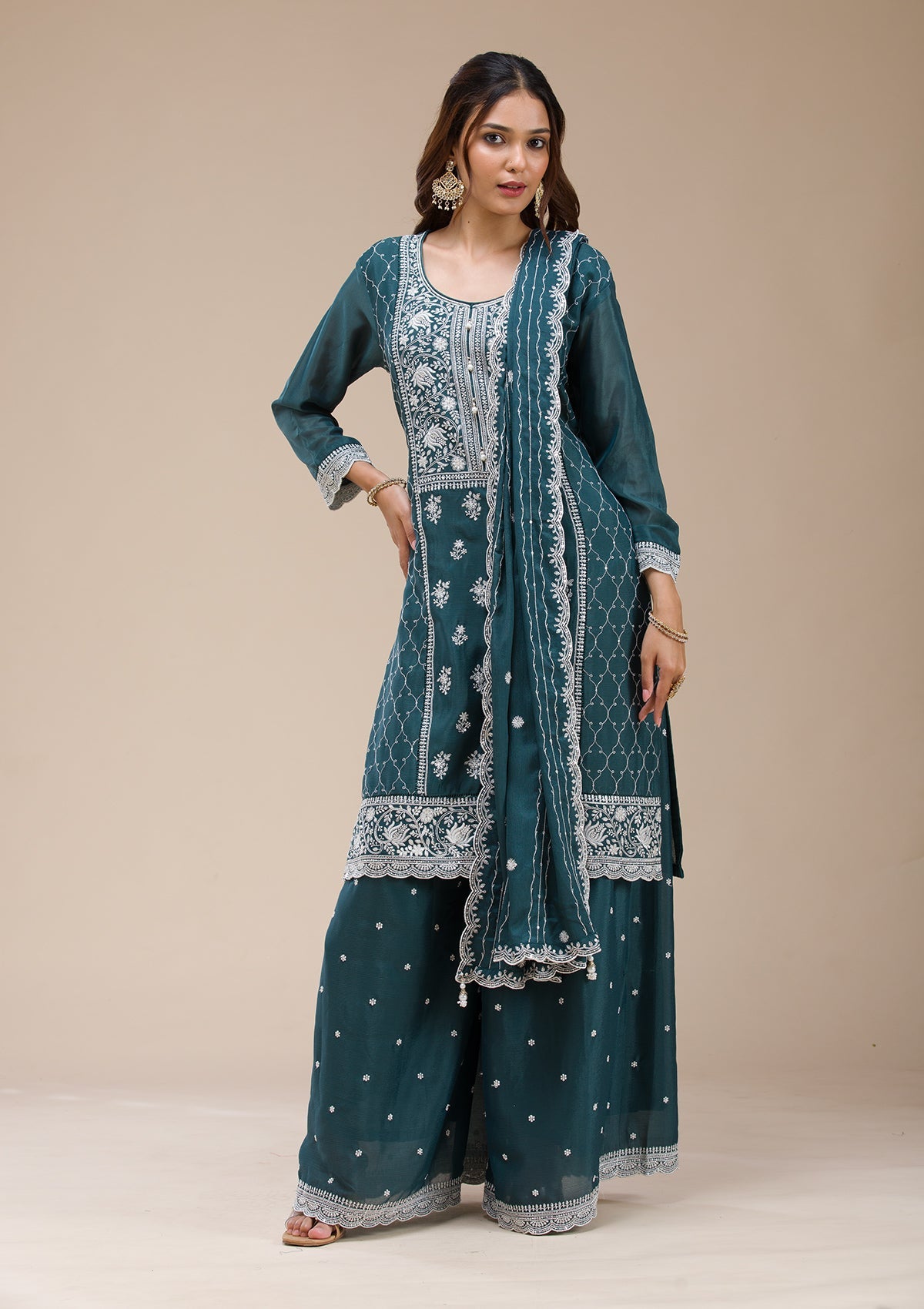 Beige Sequins Net Readymade Lehenga-koskii
