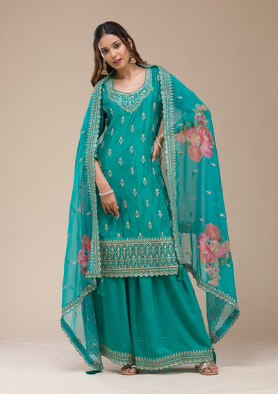Peacock Blue Sequins Tissue Readymade Lehenga-koskii