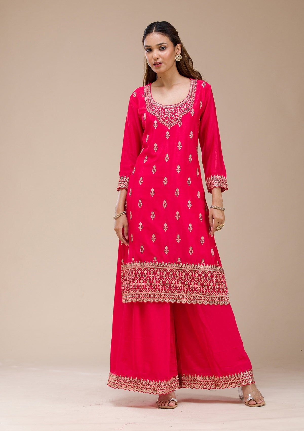 Beige Pearlwork Net Readymade Lehenga-koskii