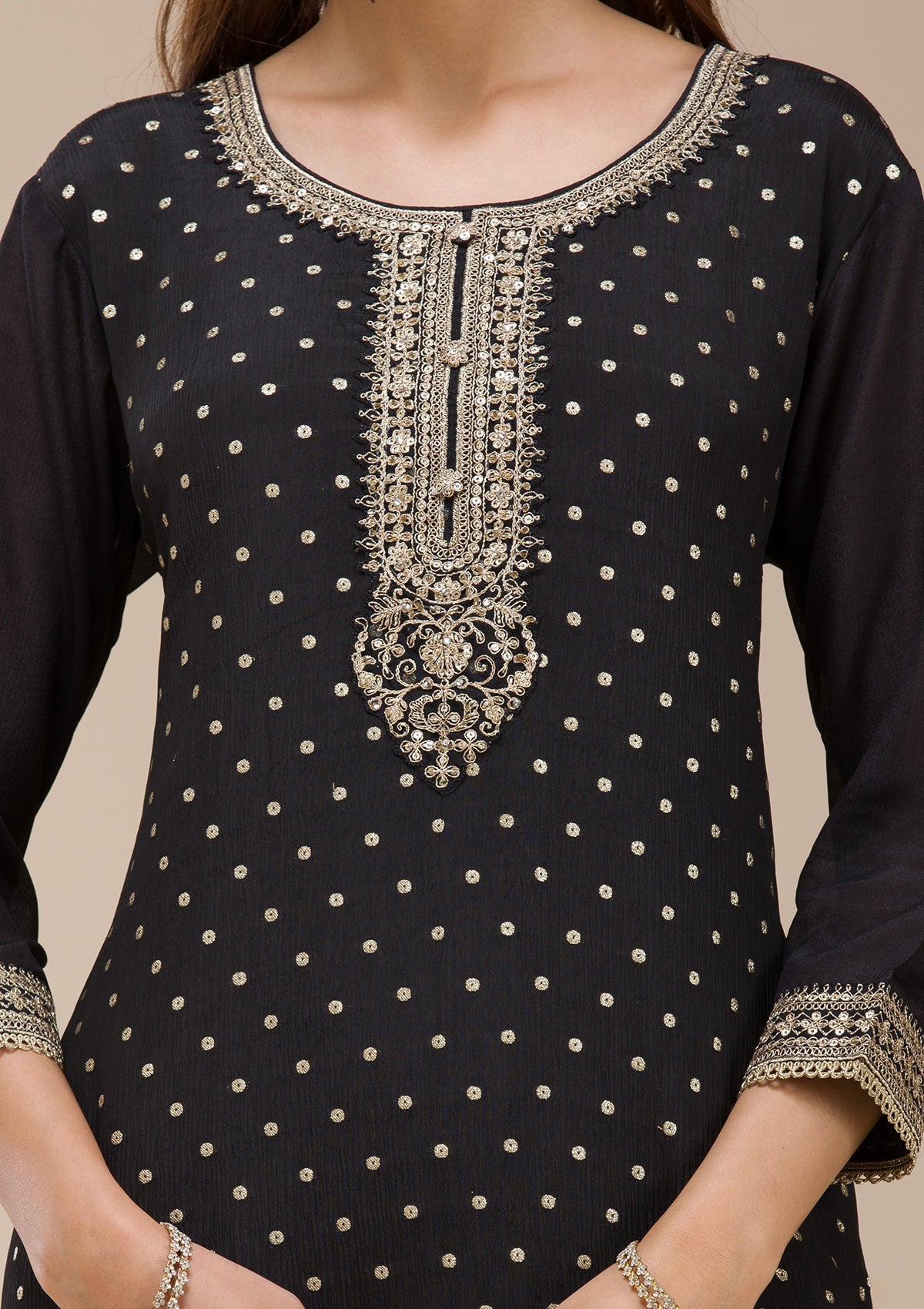 Beige Pearlwork Net Readymade Lehenga-koskii