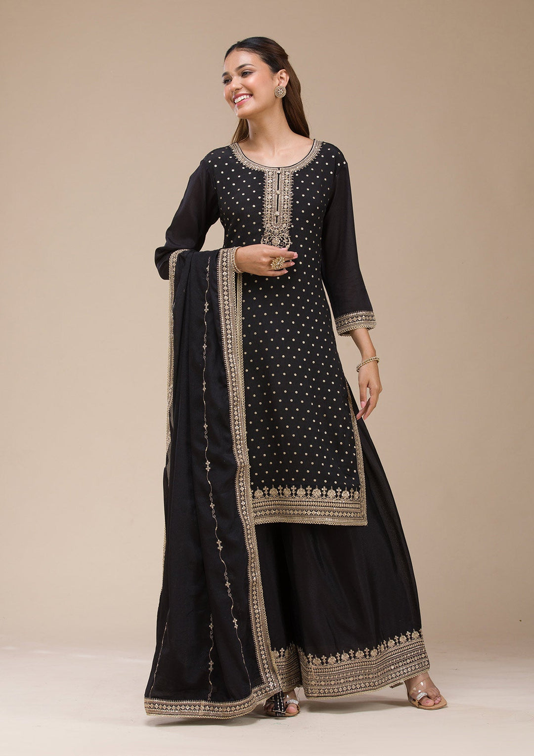 Beige Pearlwork Net Readymade Lehenga-koskii