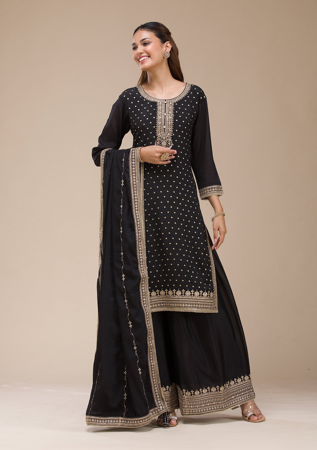 Beige Pearlwork Net Readymade Lehenga-koskii