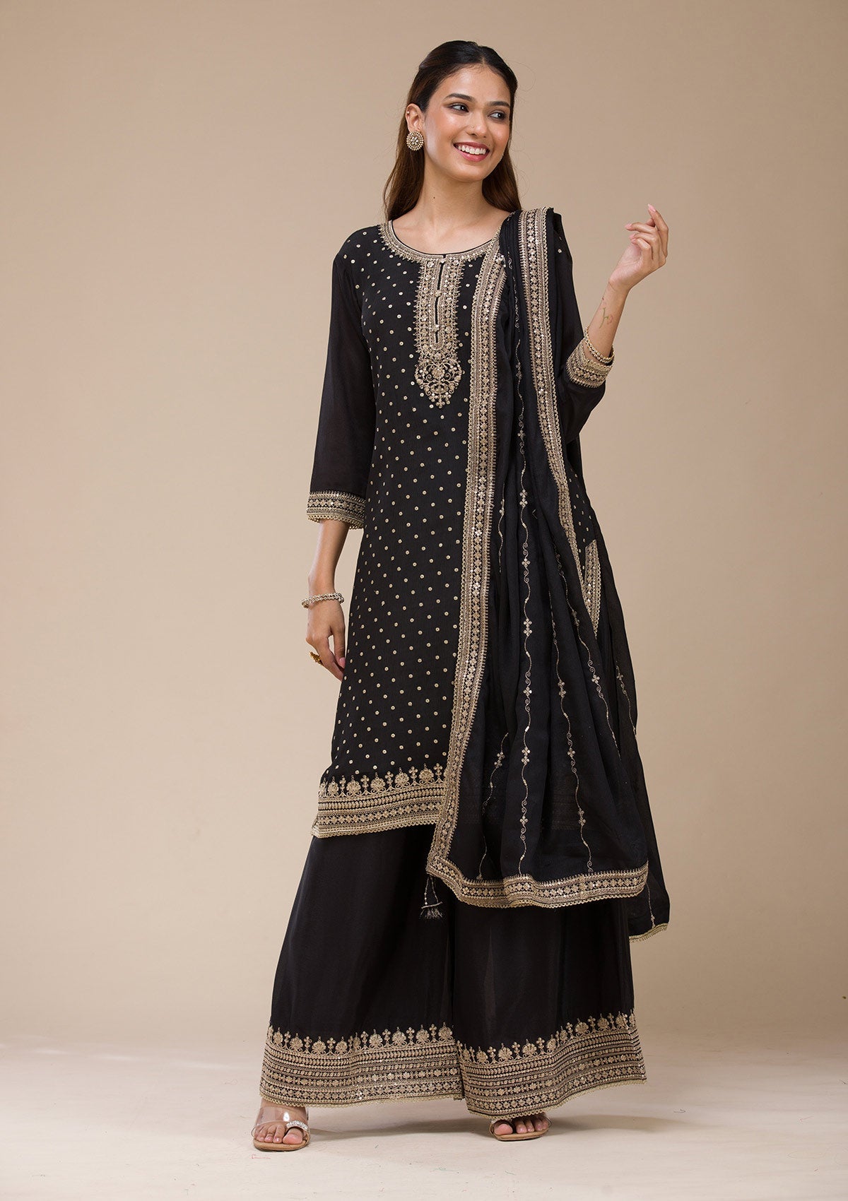 Beige Pearlwork Net Readymade Lehenga-koskii