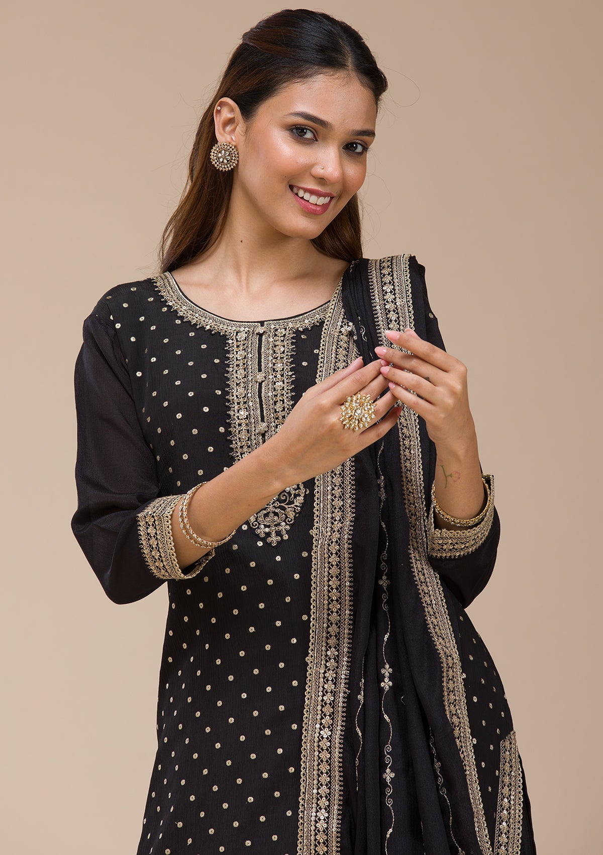 Beige Pearlwork Net Readymade Lehenga-koskii