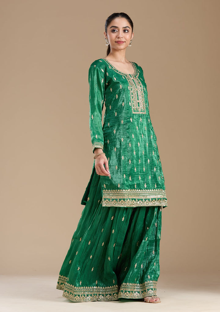 Bottle Green Zariwork (Gold) Soft Raw Silk Readymade Salwar Suit
