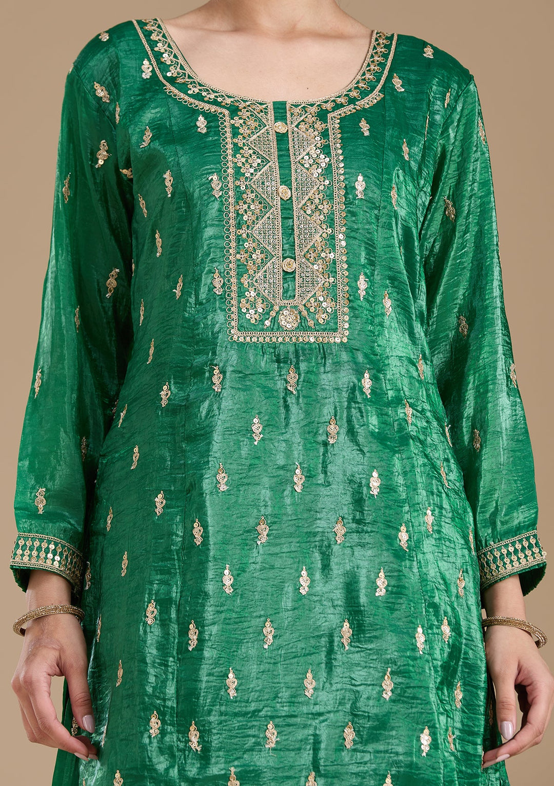 Bottle Green Zariwork (Gold) Soft Raw Silk Readymade Salwar Suit