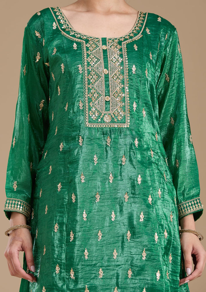 Bottle Green Zariwork (Gold) Soft Raw Silk Readymade Salwar Suit