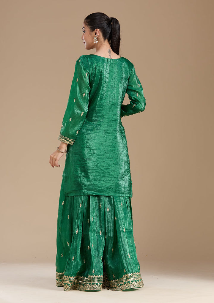 Bottle Green Zariwork (Gold) Soft Raw Silk Readymade Salwar Suit