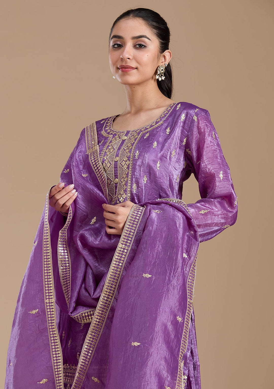 Purple Zariwork (Gold) Soft Raw Silk Readymade Salwar Suit