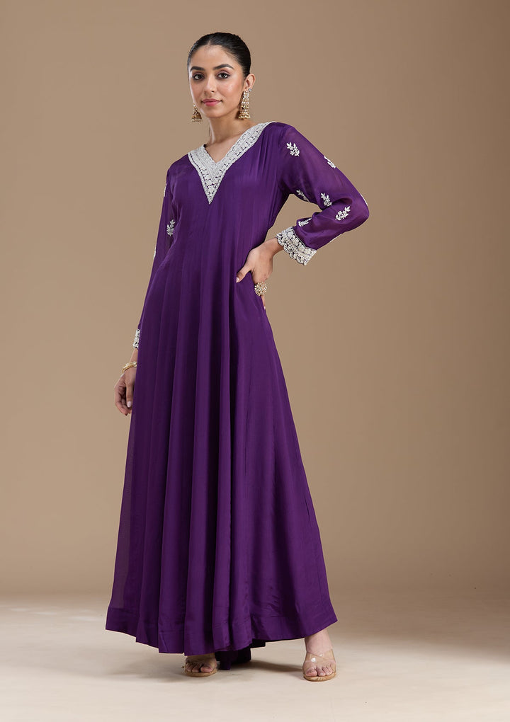 Purple Cutdana Crepe Readymade Salwar Suit-koskii