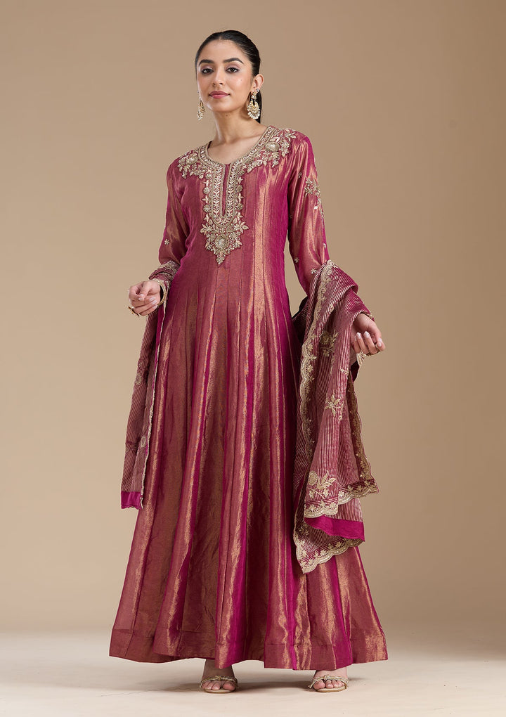 Onion Pink Zariwork Tissue Readymade Salwar Suit-koskii
