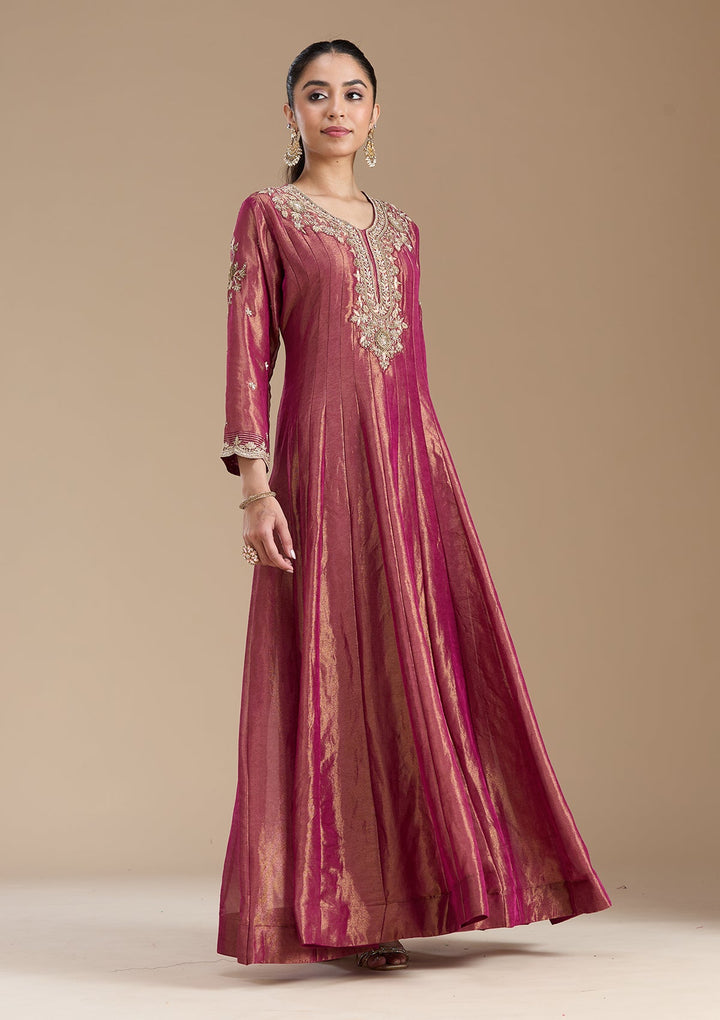 Onion Pink Zariwork Tissue Readymade Salwar Suit-koskii