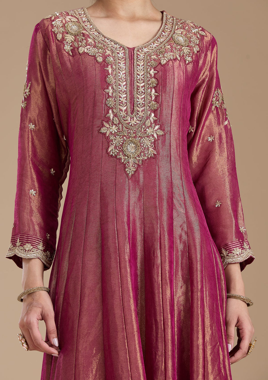 Onion Pink Zariwork Tissue Readymade Salwar Suit-koskii