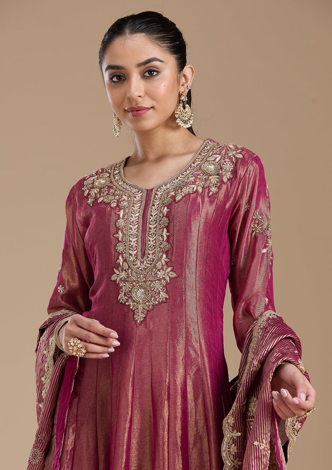 Onion Pink Zariwork Tissue Readymade Salwar Suit-koskii