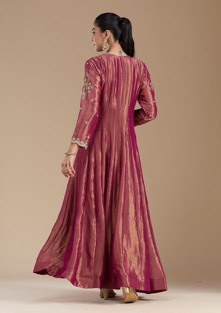 Onion Pink Zariwork Tissue Readymade Salwar Suit-koskii