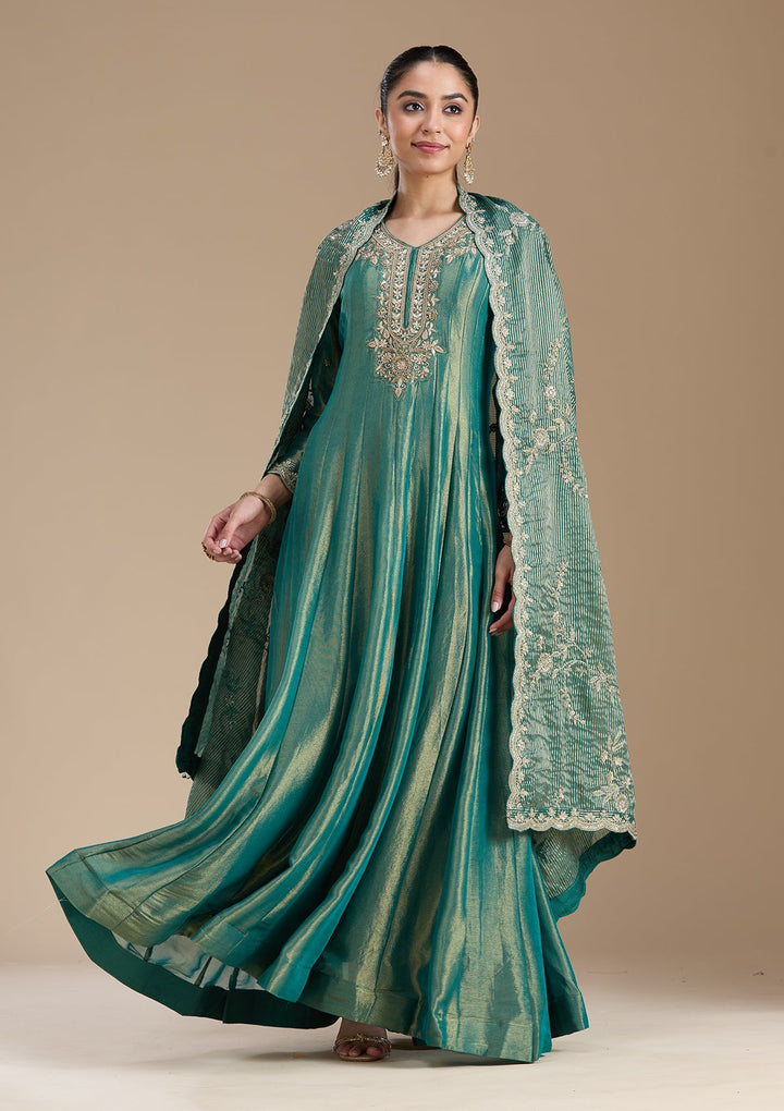 Sea Green Zariwork Tissue Readymade Salwar Suit-koskii