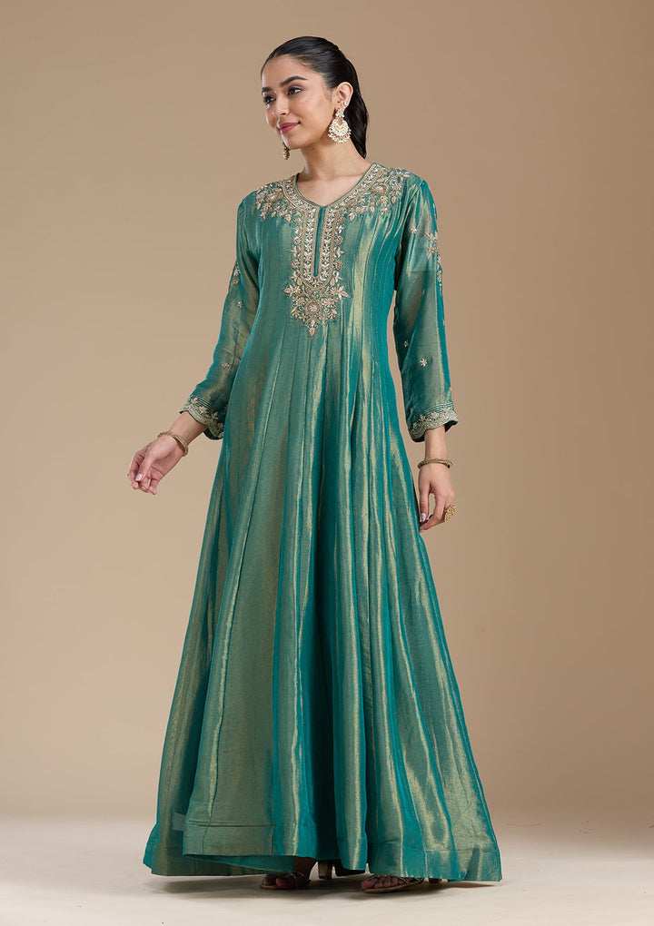 Sea Green Zariwork Tissue Readymade Salwar Suit-koskii