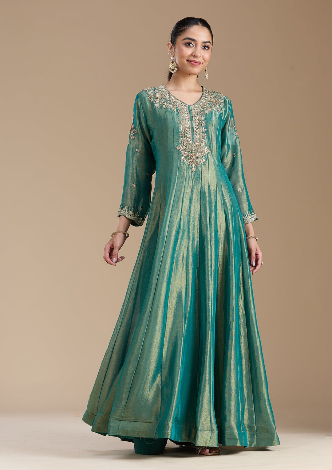Sea Green Zariwork Tissue Readymade Salwar Suit-koskii