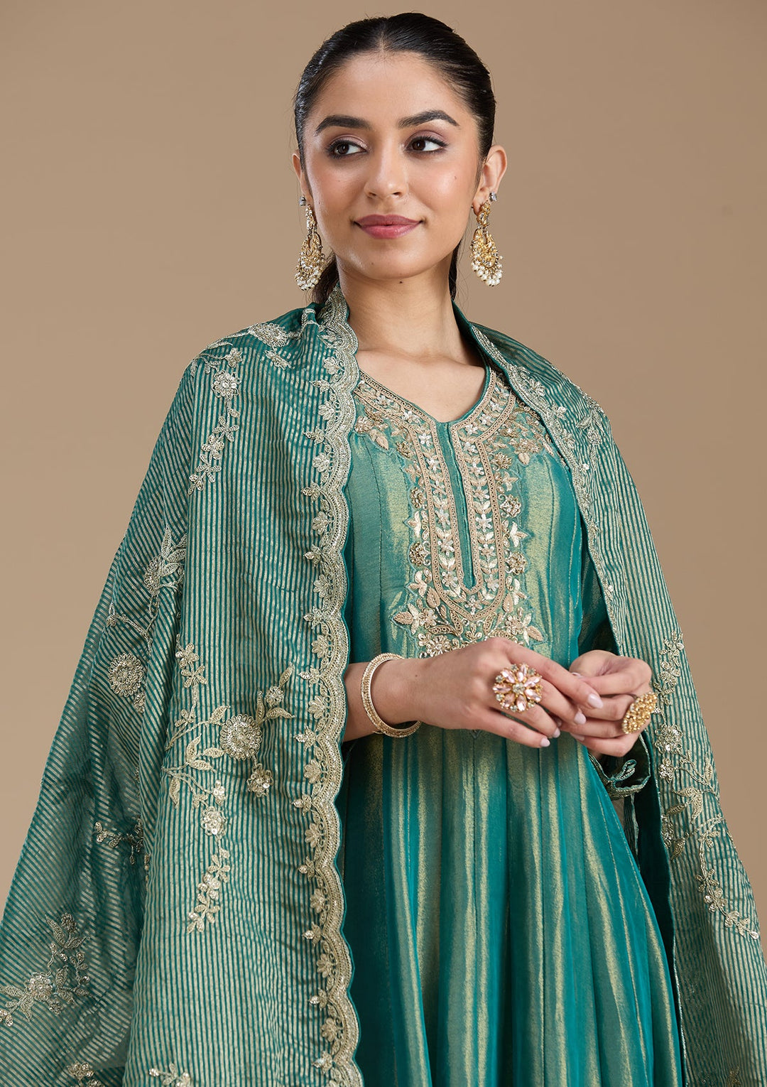 Sea Green Zariwork Tissue Readymade Salwar Suit-koskii