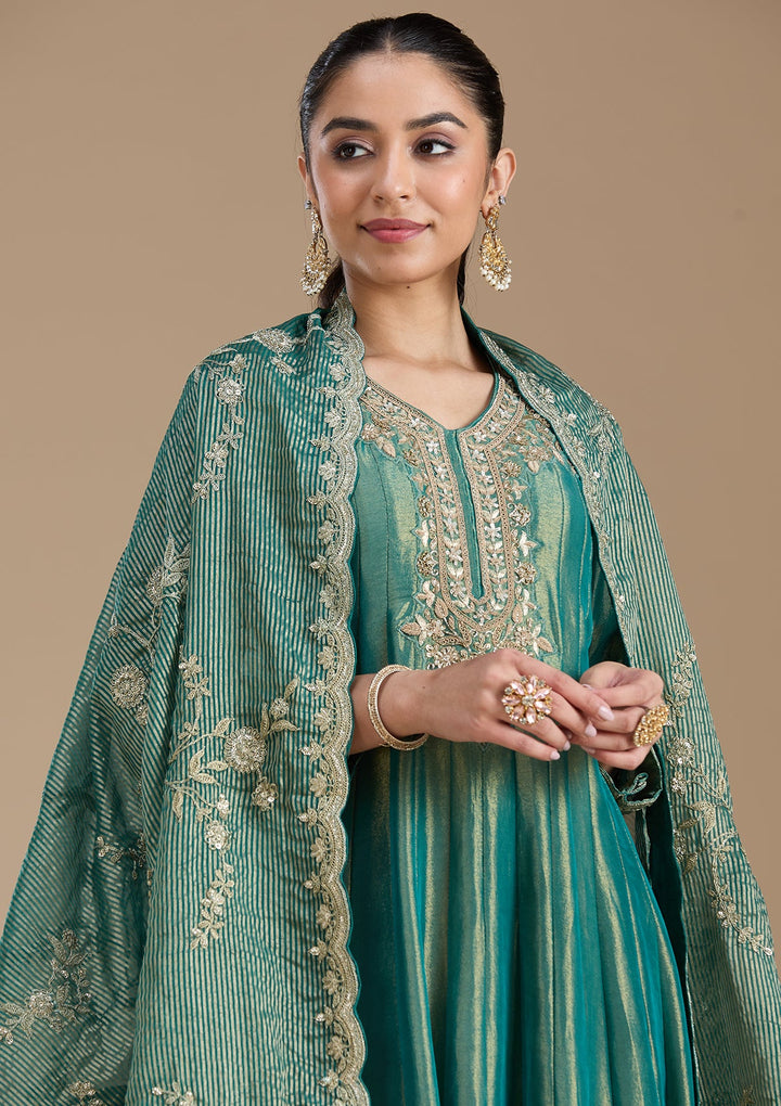 Sea Green Zariwork Tissue Readymade Salwar Suit-koskii
