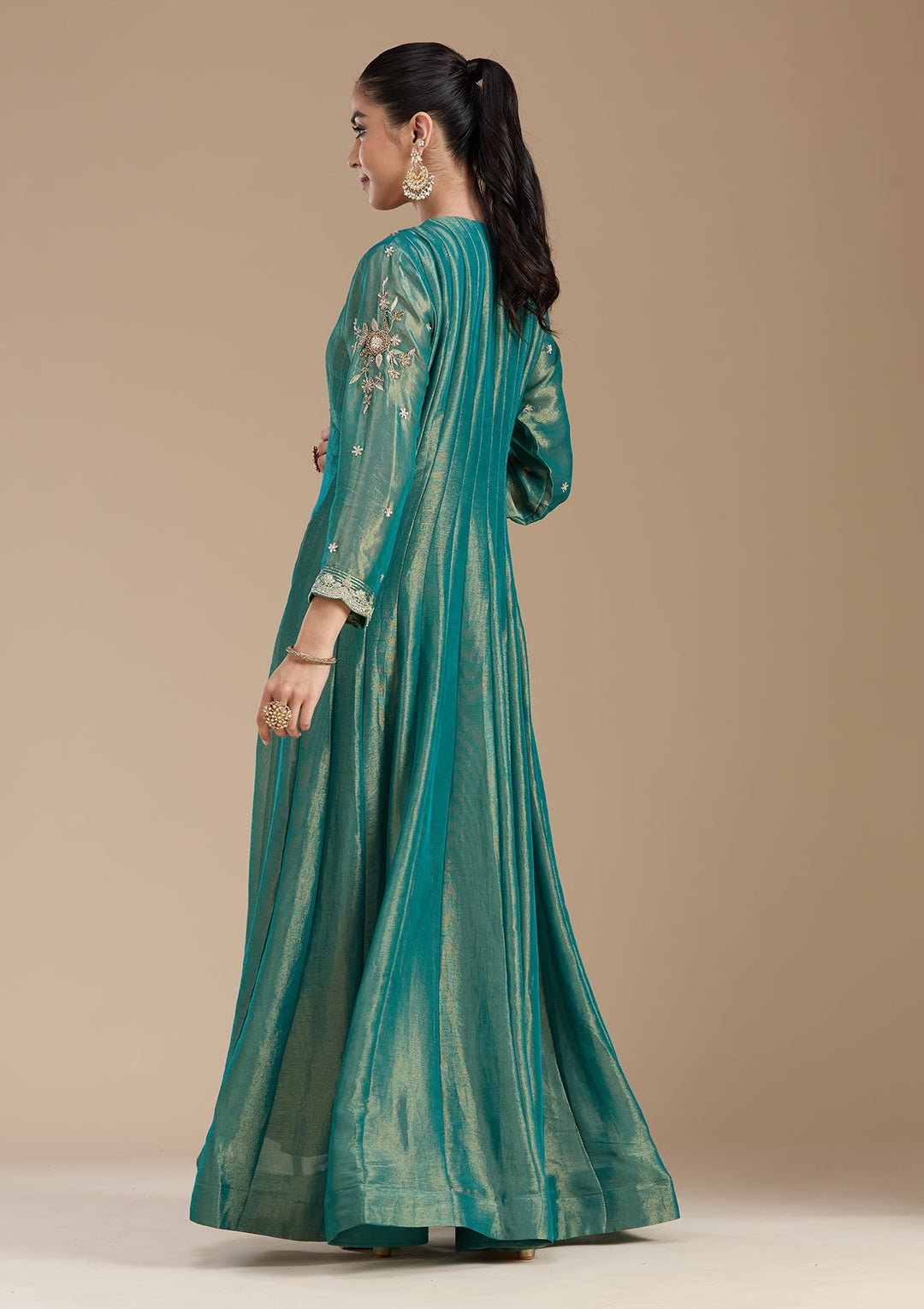 Sea Green Zariwork Tissue Readymade Salwar Suit-koskii