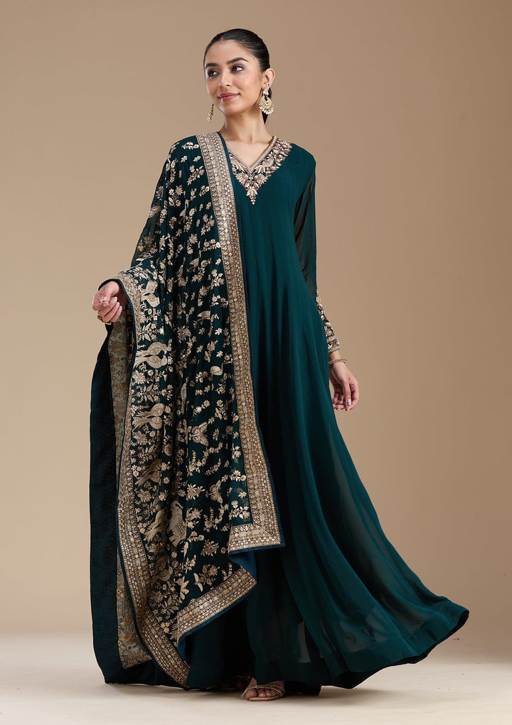 Teal Green Cutdana Georgette Readymade Salwar Suit-koskii