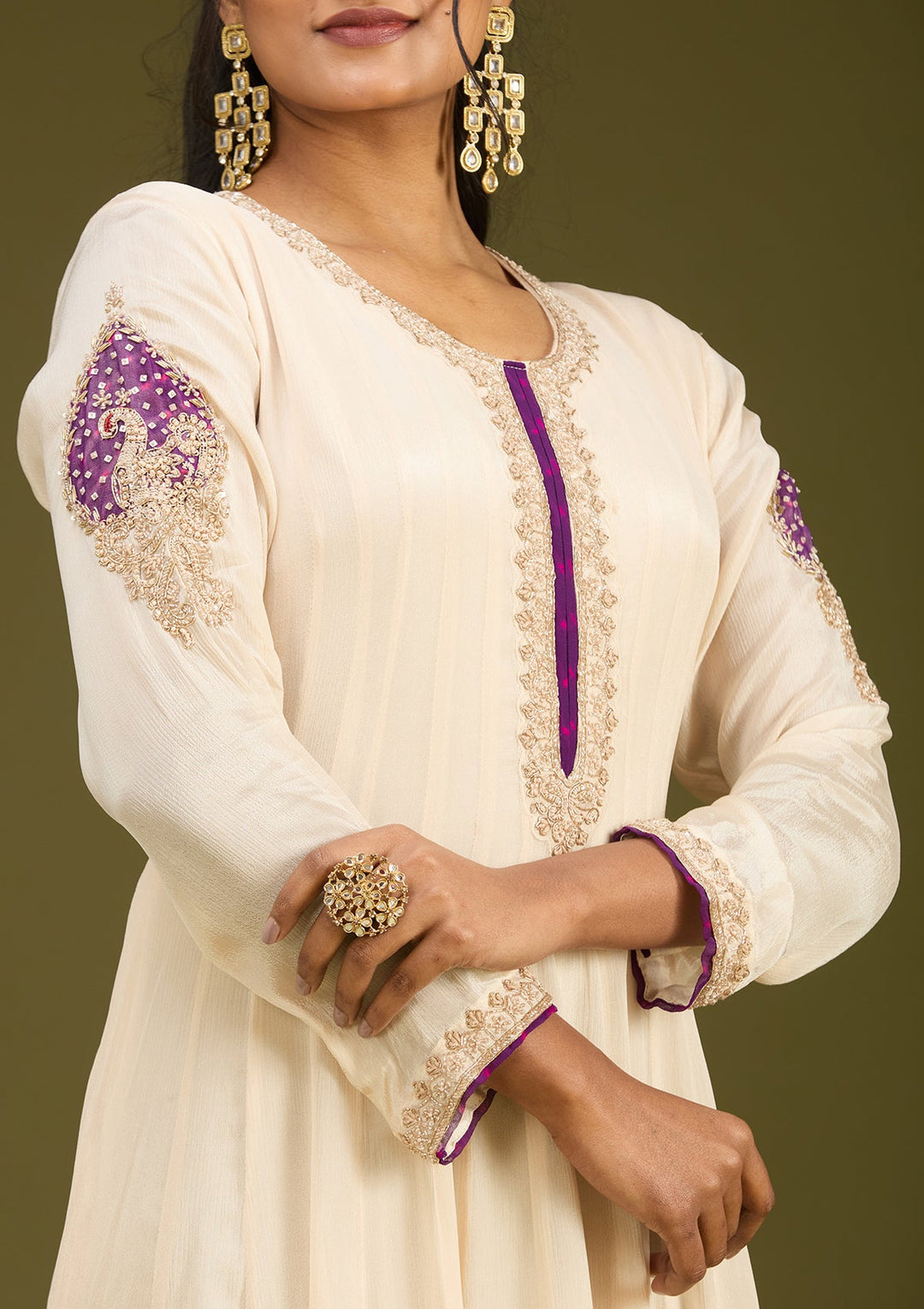 Off White Zariwork (Gold) Chanderi Readymade Salwar Suit