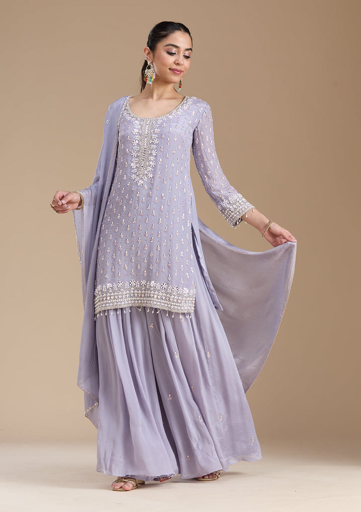 Light Lavender Mirrorwork Tissue Readymade Salwar Suit-koskii