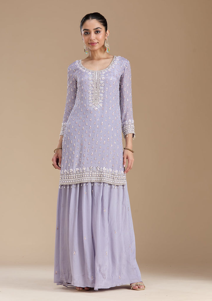 Light Lavender Mirrorwork Tissue Readymade Salwar Suit-koskii
