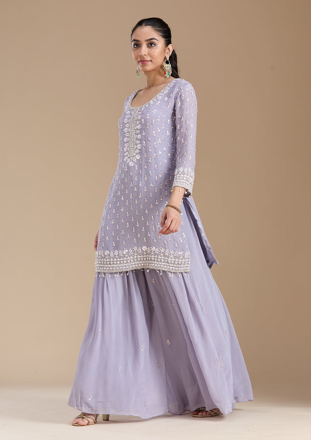 Light Lavender Mirrorwork Tissue Readymade Salwar Suit-koskii