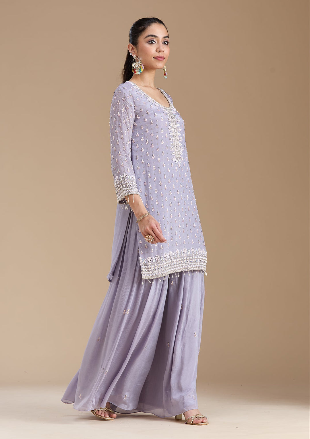 Light Lavender Mirrorwork Tissue Readymade Salwar Suit-koskii