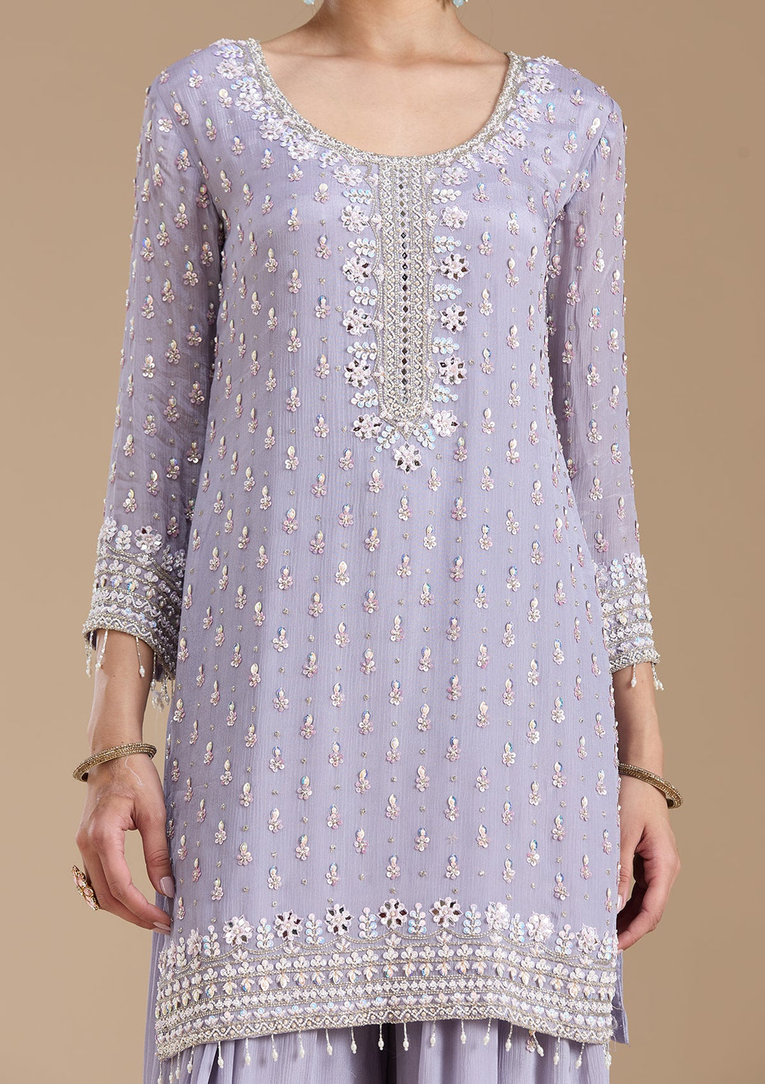 Light Lavender Mirrorwork Tissue Readymade Salwar Suit-koskii