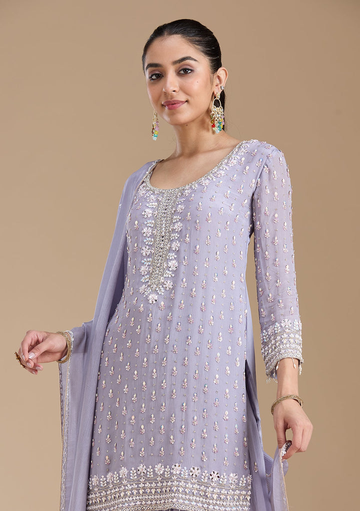 Light Lavender Mirrorwork Tissue Readymade Salwar Suit-koskii