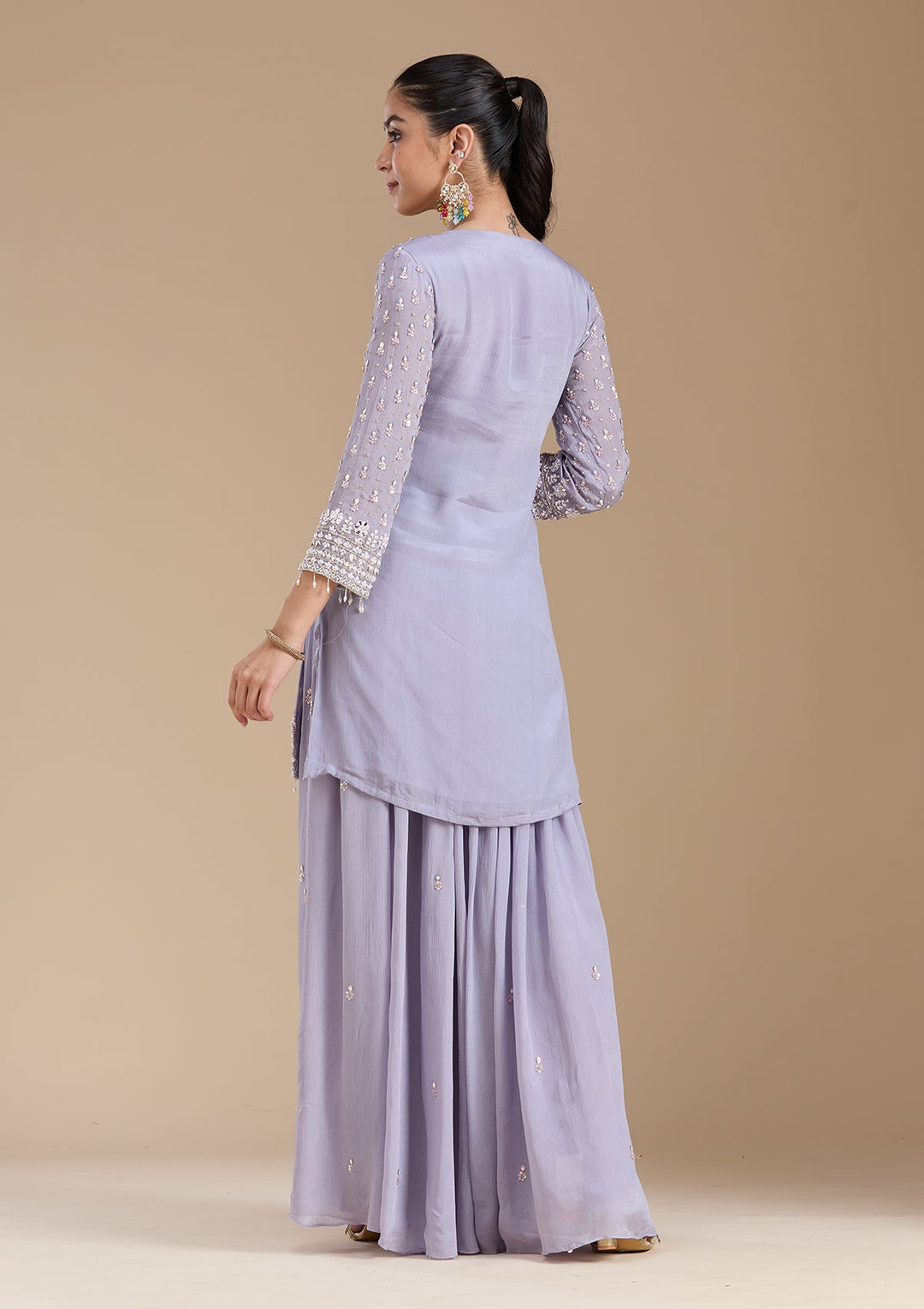 Light Lavender Mirrorwork Tissue Readymade Salwar Suit-koskii