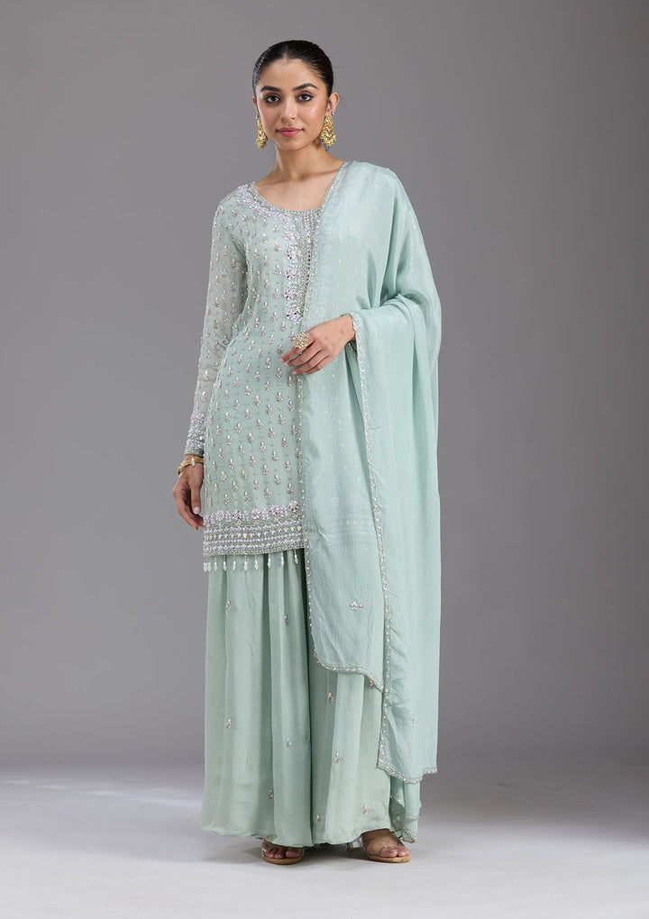 Sea Green Mirrorwork Tissue Readymade Salwar Suit-koskii