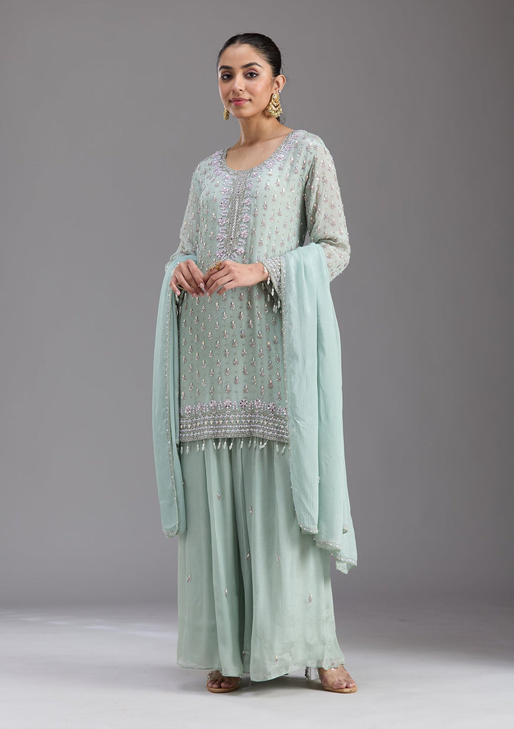 Sea Green Mirrorwork Tissue Readymade Salwar Suit-koskii