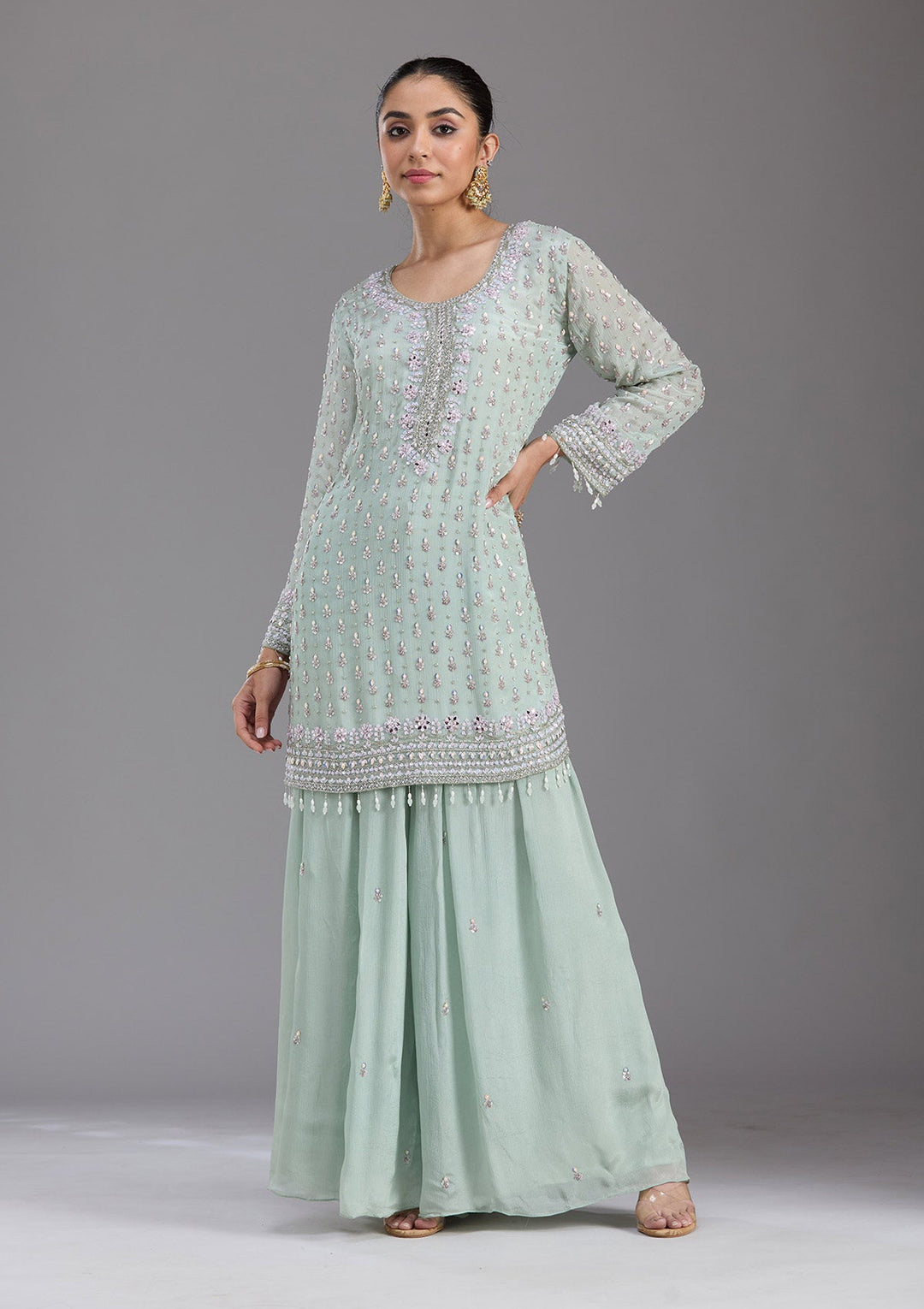 Sea Green Mirrorwork Tissue Readymade Salwar Suit-koskii